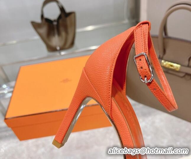 Grade Hermes Premiere Grained Leather Heel 9cm Sandals 070223 Orange