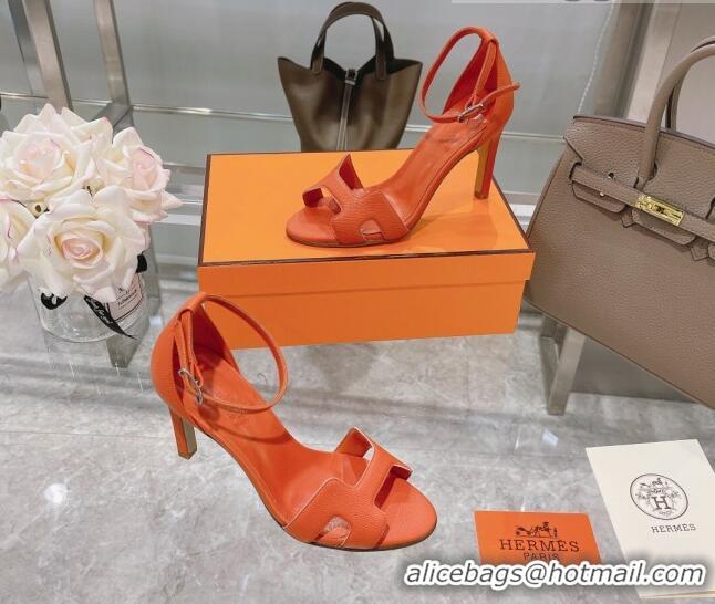 Grade Hermes Premiere Grained Leather Heel 9cm Sandals 070223 Orange