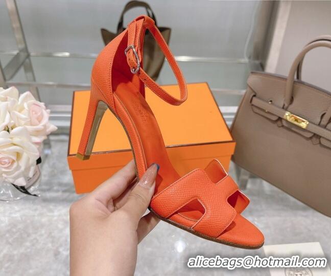 Grade Hermes Premiere Grained Leather Heel 9cm Sandals 070223 Orange