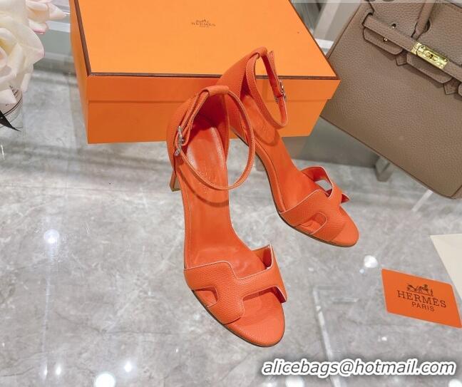 Grade Hermes Premiere Grained Leather Heel 9cm Sandals 070223 Orange