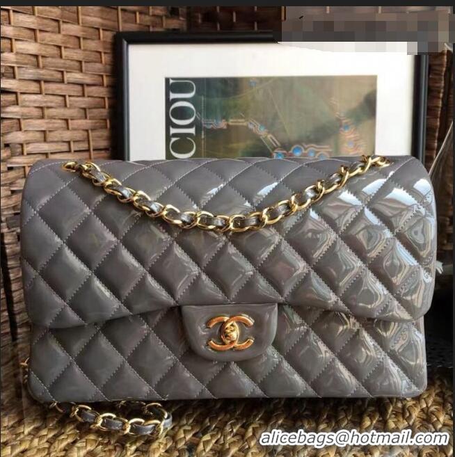 Top Discount Chanel Quilted Patent Leather Large Flap Bag A1113 Gray/Gold 2020