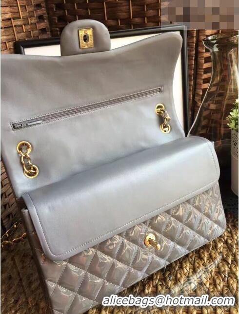 Top Discount Chanel Quilted Patent Leather Large Flap Bag A1113 Gray/Gold 2020