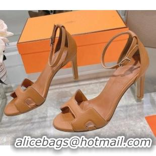 Good Taste Hermes Premiere Grained Leather Heel 9cm Sandals 070224 Brown