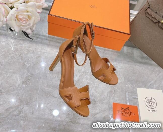 Good Taste Hermes Premiere Grained Leather Heel 9cm Sandals 070224 Brown