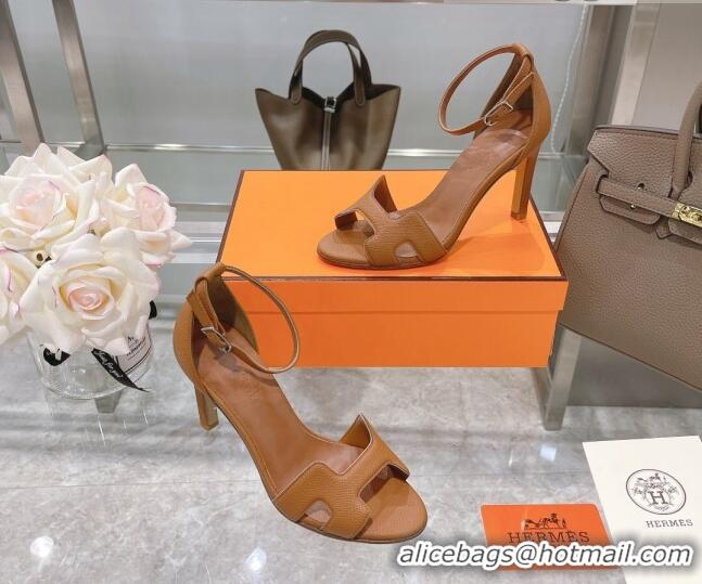 Good Taste Hermes Premiere Grained Leather Heel 9cm Sandals 070224 Brown