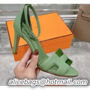 Luxury Discount Hermes Premiere Grained Leather Heel 9cm Sandals 070224 Green