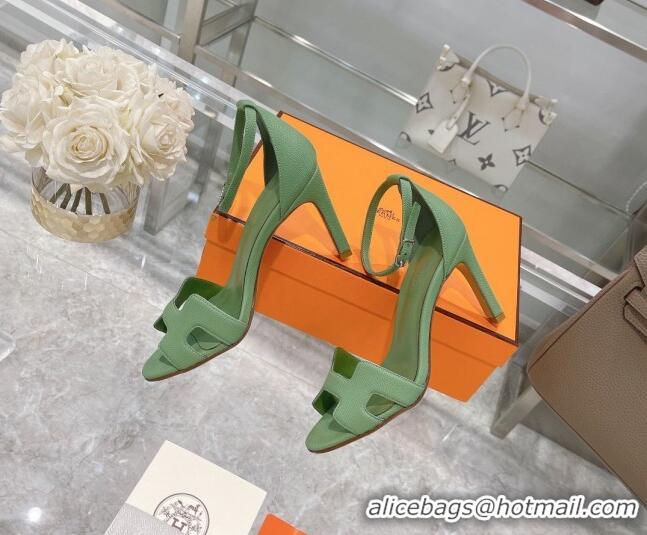 Luxury Discount Hermes Premiere Grained Leather Heel 9cm Sandals 070224 Green