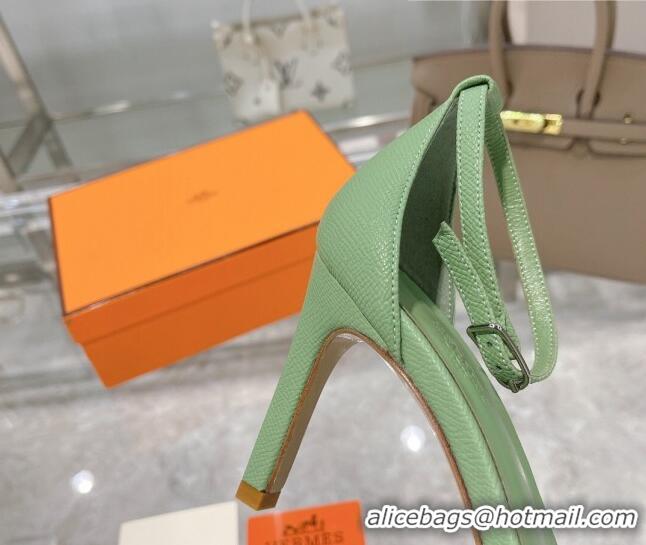 Luxury Discount Hermes Premiere Grained Leather Heel 9cm Sandals 070224 Green