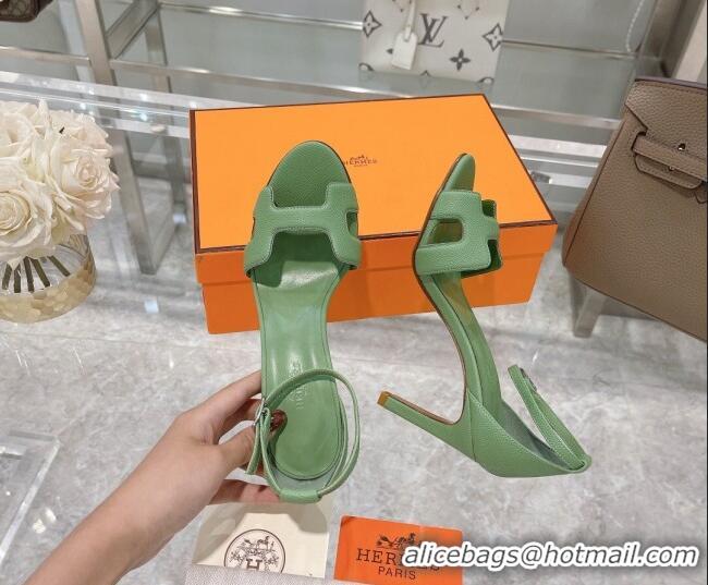 Luxury Discount Hermes Premiere Grained Leather Heel 9cm Sandals 070224 Green