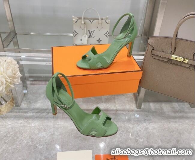 Luxury Discount Hermes Premiere Grained Leather Heel 9cm Sandals 070224 Green