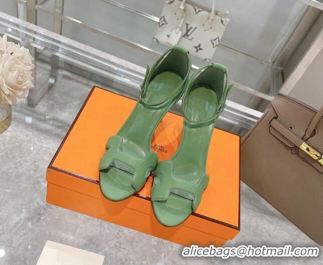 Luxury Discount Hermes Premiere Grained Leather Heel 9cm Sandals 070224 Green