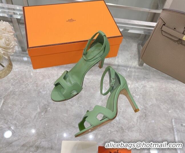 Luxury Discount Hermes Premiere Grained Leather Heel 9cm Sandals 070224 Green