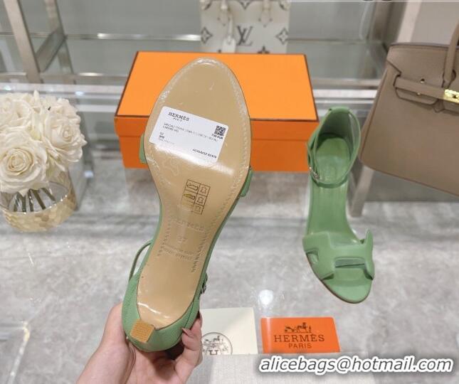 Luxury Discount Hermes Premiere Grained Leather Heel 9cm Sandals 070224 Green