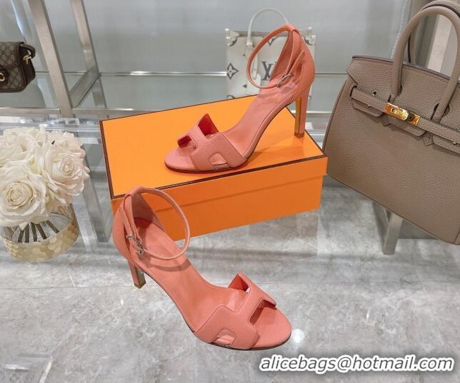 Luxury Hermes Premiere Grained Leather Heel 9cm Sandals 070224 Pink