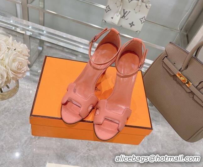 Luxury Hermes Premiere Grained Leather Heel 9cm Sandals 070224 Pink