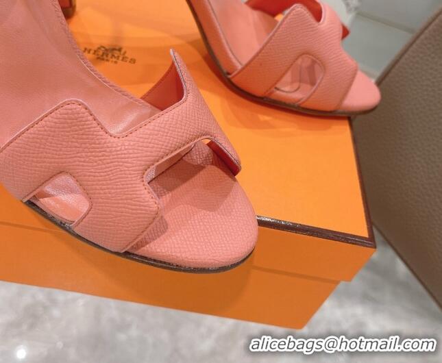 Luxury Hermes Premiere Grained Leather Heel 9cm Sandals 070224 Pink