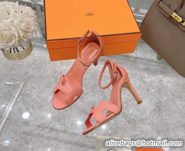 Luxury Hermes Premiere Grained Leather Heel 9cm Sandals 070224 Pink