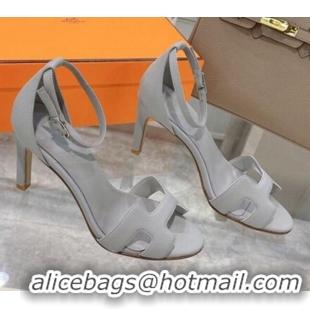 Lower Price Hermes Premiere Grained Leather Heel 9cm Sandals 070224  Light Grey