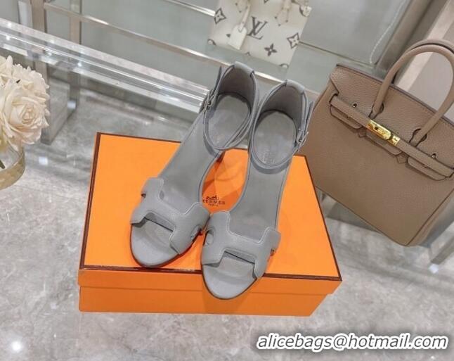 Lower Price Hermes Premiere Grained Leather Heel 9cm Sandals 070224  Light Grey