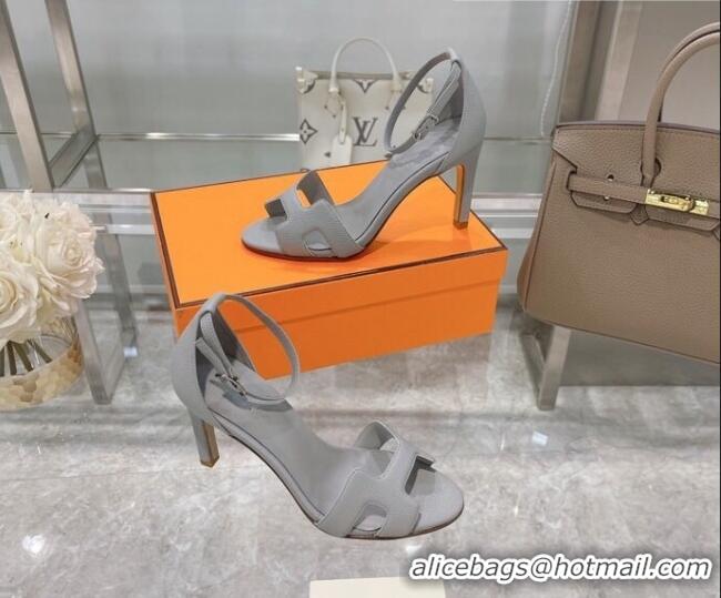 Lower Price Hermes Premiere Grained Leather Heel 9cm Sandals 070224  Light Grey