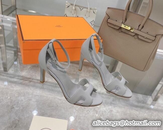 Lower Price Hermes Premiere Grained Leather Heel 9cm Sandals 070224  Light Grey