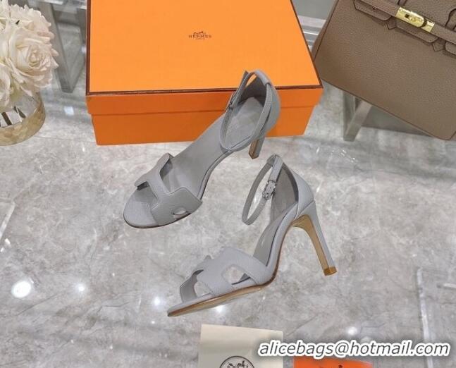 Lower Price Hermes Premiere Grained Leather Heel 9cm Sandals 070224  Light Grey