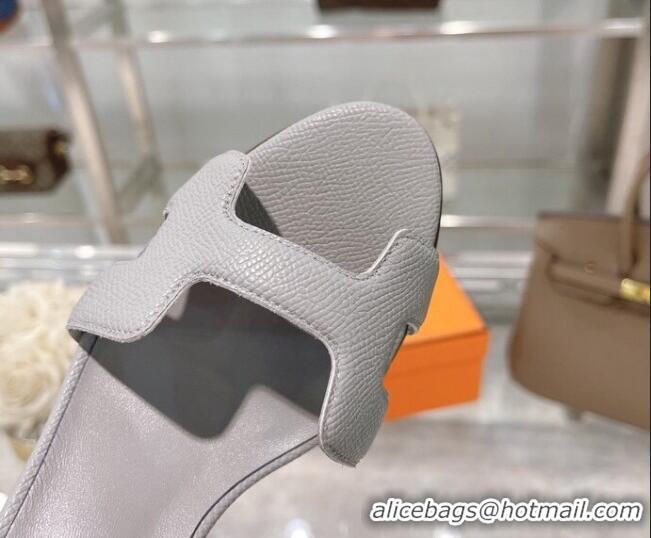 Lower Price Hermes Premiere Grained Leather Heel 9cm Sandals 070224  Light Grey