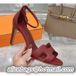 Top Design Hermes Premiere Grained Leather Heel 9cm Sandals 070224 Burgundy