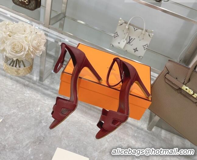 Top Design Hermes Premiere Grained Leather Heel 9cm Sandals 070224 Burgundy