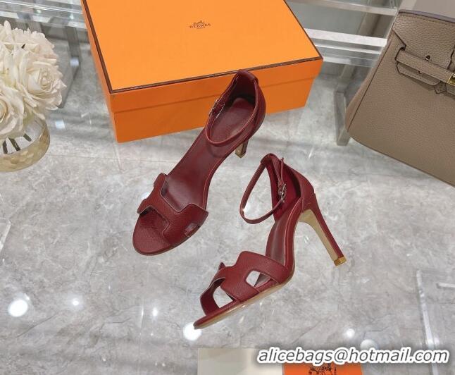 Top Design Hermes Premiere Grained Leather Heel 9cm Sandals 070224 Burgundy