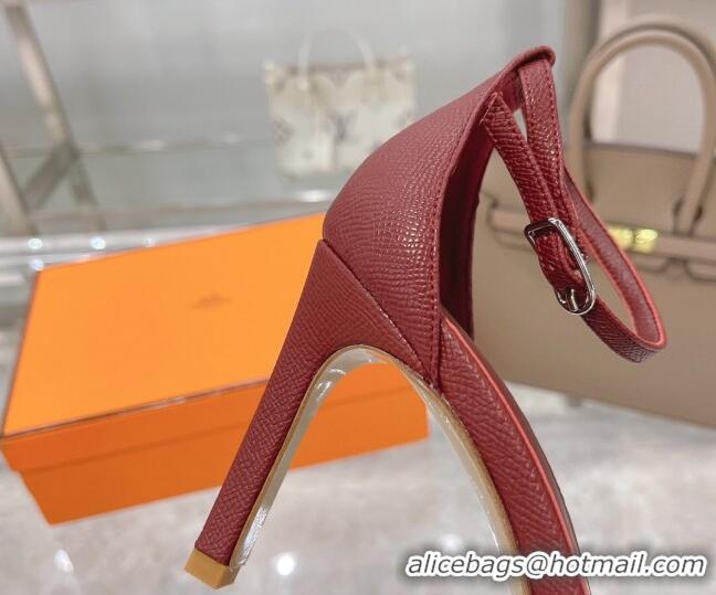 Top Design Hermes Premiere Grained Leather Heel 9cm Sandals 070224 Burgundy