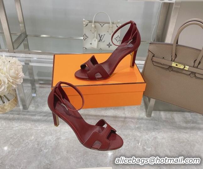 Top Design Hermes Premiere Grained Leather Heel 9cm Sandals 070224 Burgundy