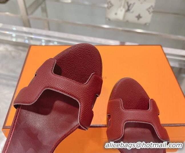 Top Design Hermes Premiere Grained Leather Heel 9cm Sandals 070224 Burgundy