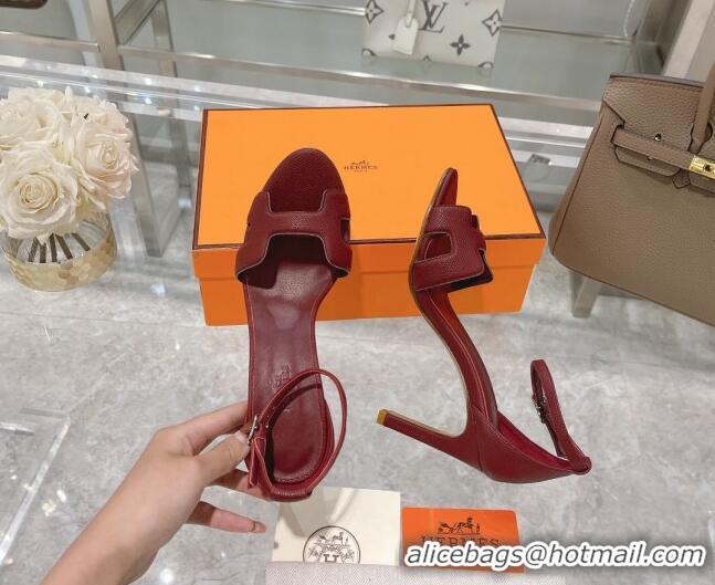 Top Design Hermes Premiere Grained Leather Heel 9cm Sandals 070224 Burgundy