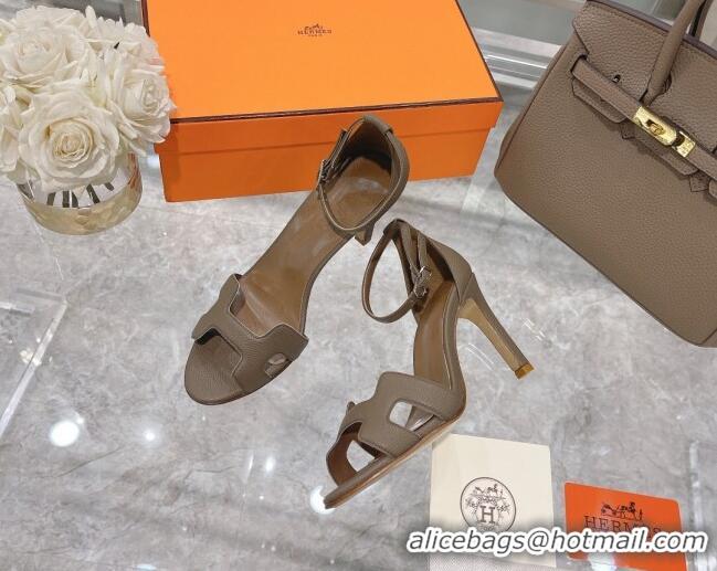 Top Quality Hermes Premiere Grained Leather Heel 9cm Sandals 070224 Elephant Grey