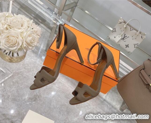 Top Quality Hermes Premiere Grained Leather Heel 9cm Sandals 070224 Elephant Grey