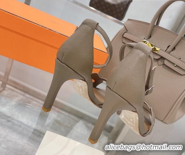 Top Quality Hermes Premiere Grained Leather Heel 9cm Sandals 070224 Elephant Grey