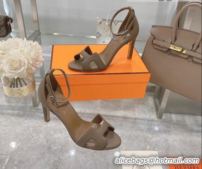 Top Quality Hermes Premiere Grained Leather Heel 9cm Sandals 070224 Elephant Grey