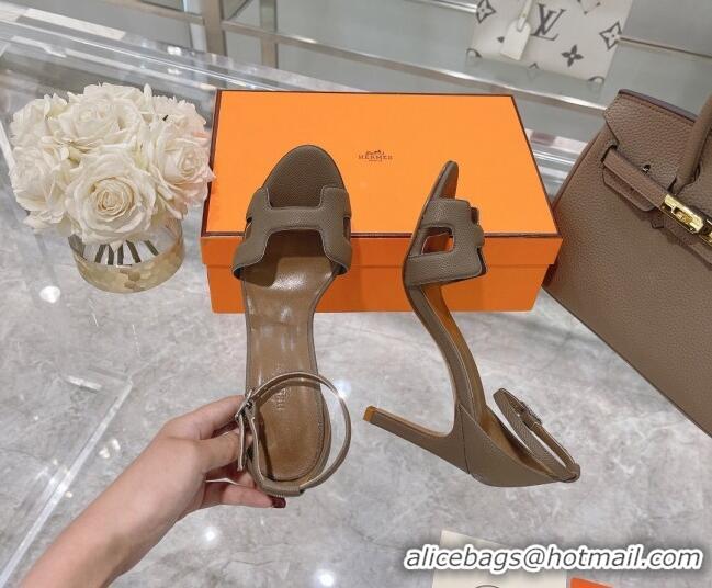 Top Quality Hermes Premiere Grained Leather Heel 9cm Sandals 070224 Elephant Grey