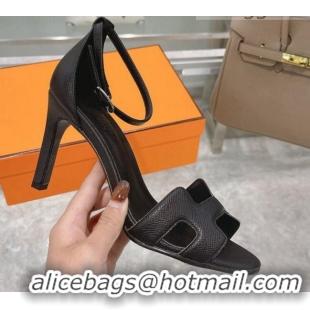 Popular Style Hermes Premiere Grained Leather Heel 9cm Sandals 070224 Black