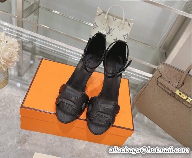 Popular Style Hermes Premiere Grained Leather Heel 9cm Sandals 070224 Black