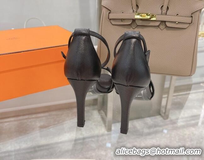 Popular Style Hermes Premiere Grained Leather Heel 9cm Sandals 070224 Black