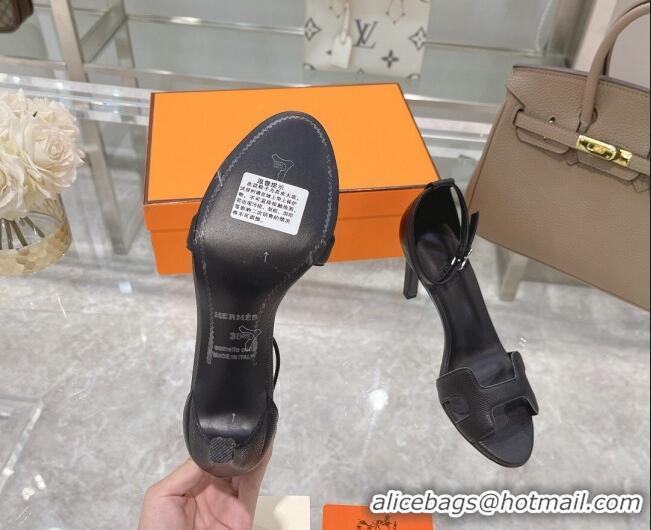 Popular Style Hermes Premiere Grained Leather Heel 9cm Sandals 070224 Black