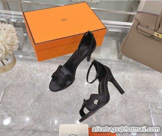 Popular Style Hermes Premiere Grained Leather Heel 9cm Sandals 070224 Black