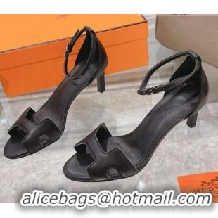 Fashion Hermes Premiere Smooth Leather Heel 9cm Sandals 070232 Black