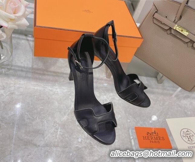 Fashion Hermes Premiere Smooth Leather Heel 9cm Sandals 070232 Black