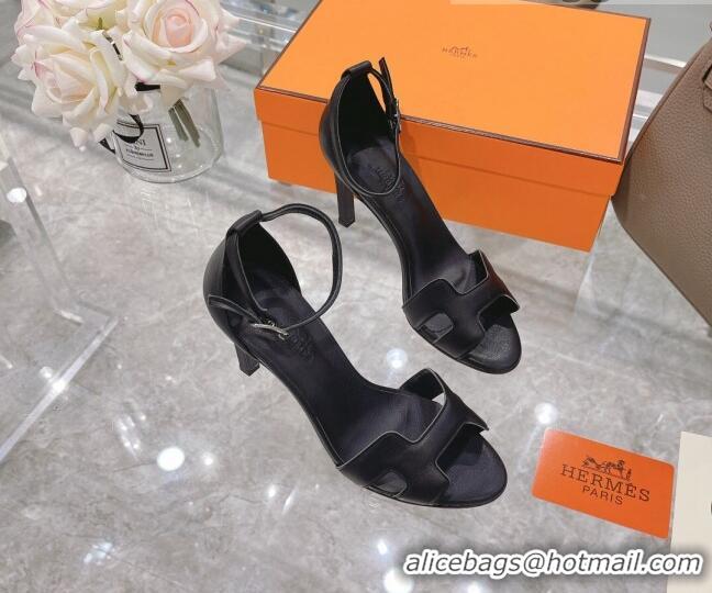 Fashion Hermes Premiere Smooth Leather Heel 9cm Sandals 070232 Black