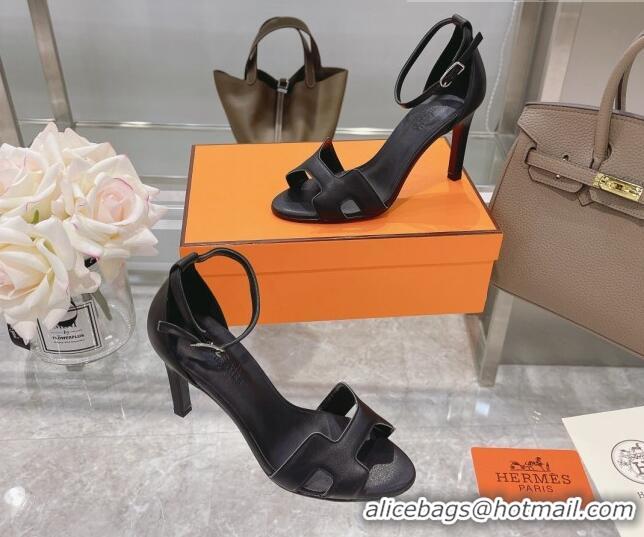 Fashion Hermes Premiere Smooth Leather Heel 9cm Sandals 070232 Black