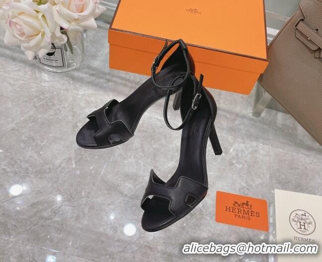 Fashion Hermes Premiere Smooth Leather Heel 9cm Sandals 070232 Black