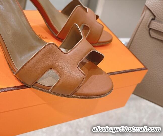 Shop Duplicate Hermes Premiere Smooth Leather Heel 9cm Sandals 070232 Brown